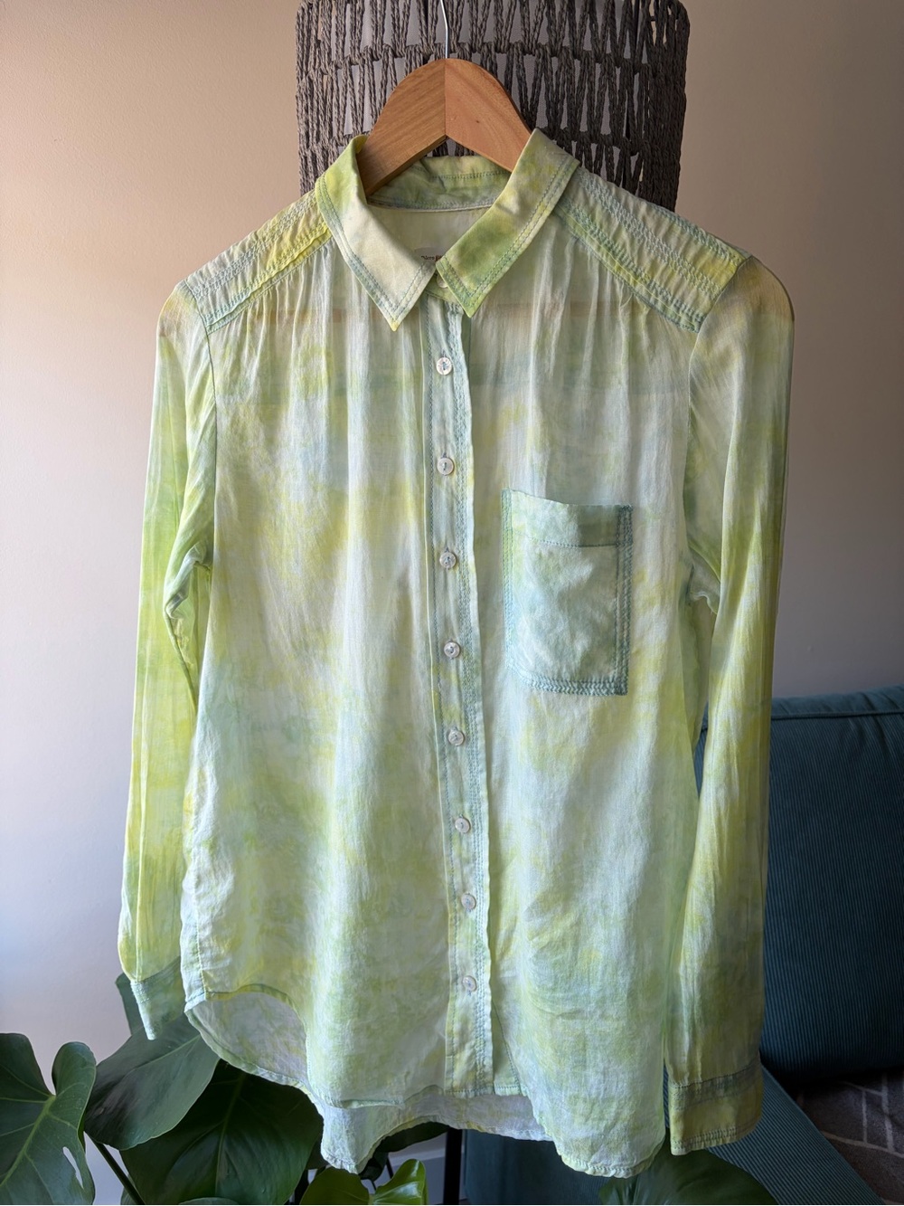 Anthropologie Lime 🍋‍🟩 & Mint Tie-Dye Button-Down Shirt